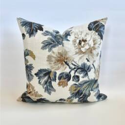 Blue, Gold, Teal, Beige & White Linen Floral Decorative Throw Pillow Cover - thumbnail 2