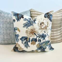 Blue, Gold, Teal, Beige & White Linen Floral Decorative Throw Pillow Cover