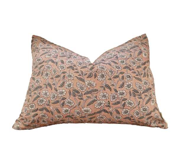 Block Print Pillow Cover, Pink & Gray Color Floral Cover 14x20 - image 1