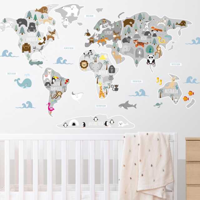 World Map Wall Decal Nursery Room Decor, Jungle Animals - image 1