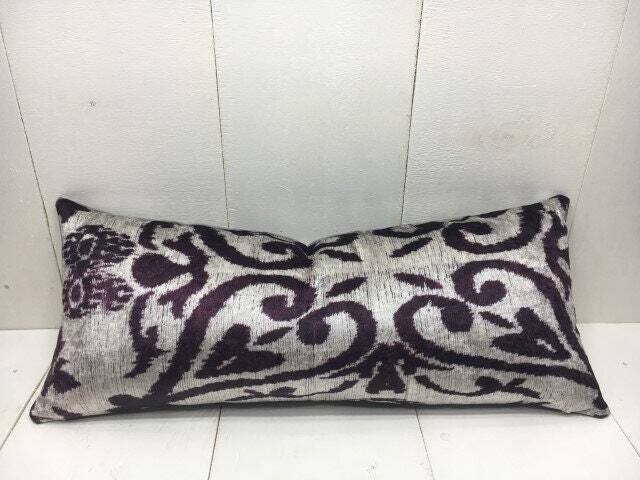 Handwoven Silk Ikat Lumbar Pillow Cover, Modern Home Decor - 10x24 - image 1