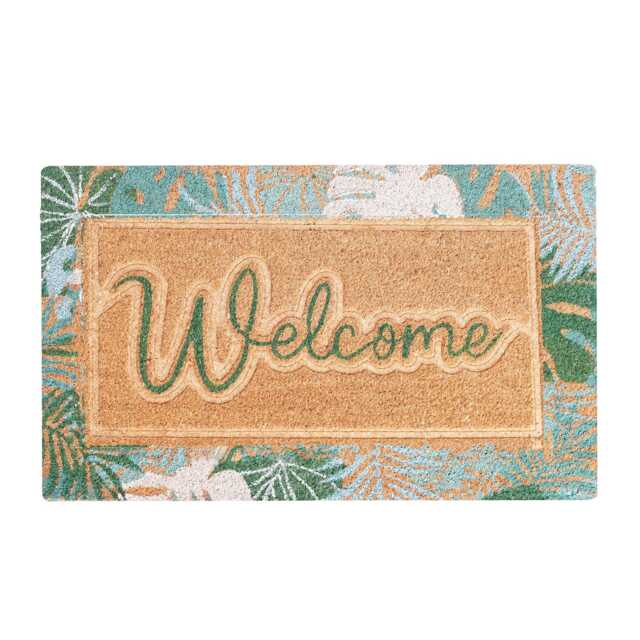 Large Embossed Coir Doormat 45 X 75cm Green Welcome Print Natural Coconut Dirt Trapper Non-Slip Mat - image 1