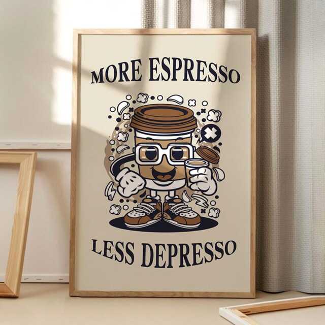 More Espresso Less Depresso Art Canvas Poster, Trendy Wall Art, Funny Aesthetic Decor, Retro Home Printed Gift - image 1
