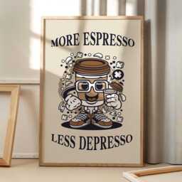 More Espresso Less Depresso Art Canvas Poster, Trendy Wall Art, Funny Aesthetic Decor, Retro Home Printed Gift - thumbnail 1