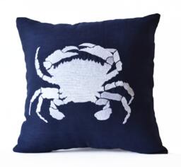 Navy Blue Throw Pillow Case -Beach Decor Nautical Pillows -Cushion Cover -Embroidered Crab Accent Linen -Sofa Bed Couch -16x16 - thumbnail 1