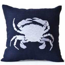 Navy Blue Throw Pillow Case -Beach Decor Nautical Pillows -Cushion Cover -Embroidered Crab Accent Linen -Sofa Bed Couch -16x16 - thumbnail 2