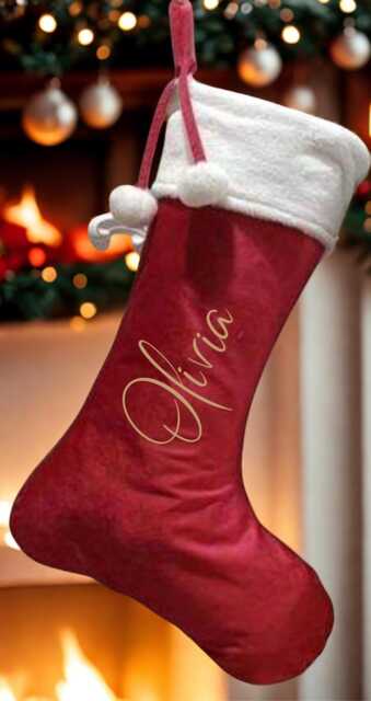 Personalized Velvet Christmas Stocking - Red With White Cuff, Custom Name - image 1
