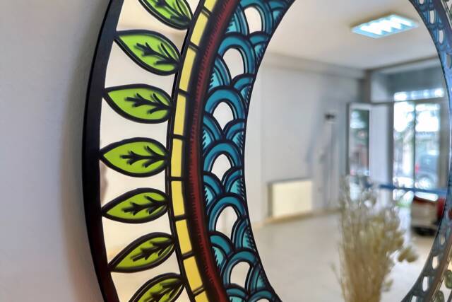 Round Decorative Wall Mirror Colorful Leaf & Geometric Pattern - image 1