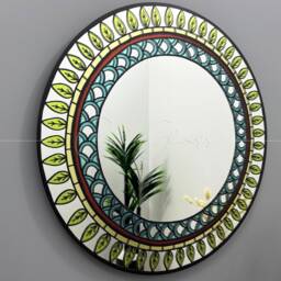 Round Decorative Wall Mirror Colorful Leaf & Geometric Pattern - thumbnail 3