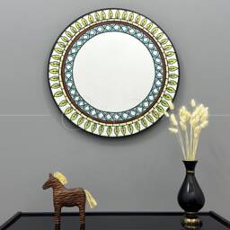 Round Decorative Wall Mirror Colorful Leaf & Geometric Pattern - thumbnail 2