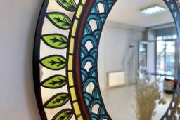 Round Decorative Wall Mirror Colorful Leaf & Geometric Pattern - thumbnail 1