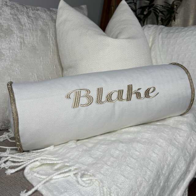 Luxurious Personalized Embroidered Name Bolster Cushion - Ivory & Taupe Wedding Or Birthday Gift - image 1