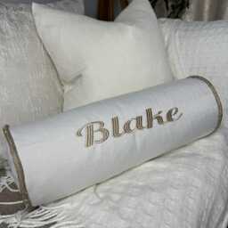 Luxurious Personalized Embroidered Name Bolster Cushion - Ivory & Taupe Wedding Or Birthday Gift - thumbnail 4