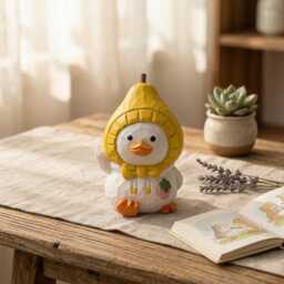 Whimsical Hand-Carved Wooden Duckling in Pear Hat Figurine - Cute Fruit Animal Wood Carving Housewarming Gift For Duck Lovers - thumbnail 1