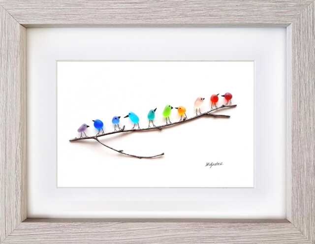 Rainbow Birds On Branch - Sea Glass & Driftwood Picture Framed Handmade Wall Art Decor - image 1