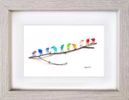 Rainbow Birds On Branch - Sea Glass & Driftwood Picture Framed Handmade Wall Art Decor - thumbnail 1