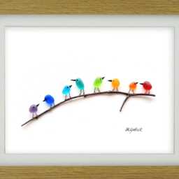 Rainbow Birds On Branch - Sea Glass & Driftwood Picture Framed Handmade Wall Art Decor - thumbnail 3