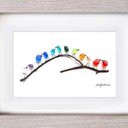 Rainbow Birds On Branch - Sea Glass & Driftwood Picture Framed Handmade Wall Art Decor - thumbnail 2