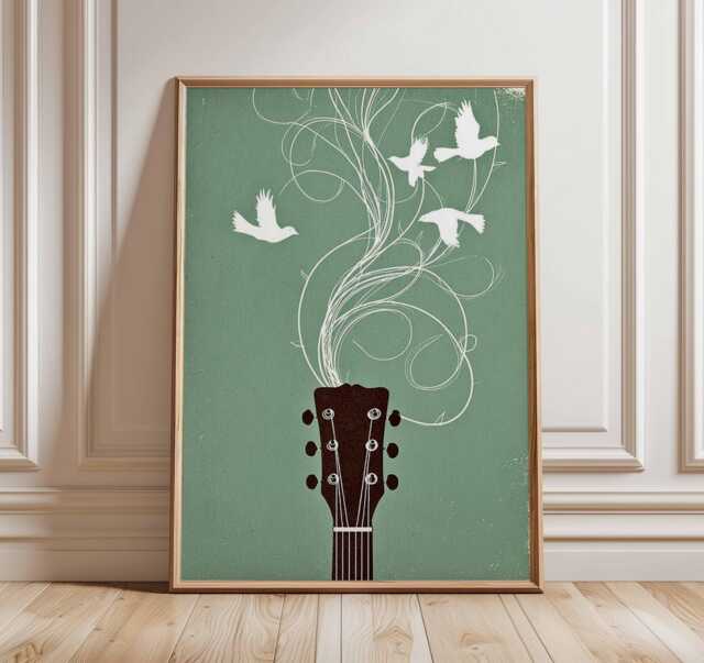 Music Wall Art, Guitar Poster With Birds, Boho Room Decor, Indie Artwork, Modern Print, Lover Gift - image 1