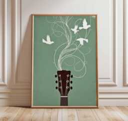 Music Wall Art, Guitar Poster With Birds, Boho Room Decor, Indie Artwork, Modern Print, Lover Gift - thumbnail 1