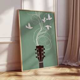 Music Wall Art, Guitar Poster With Birds, Boho Room Decor, Indie Artwork, Modern Print, Lover Gift - thumbnail 2