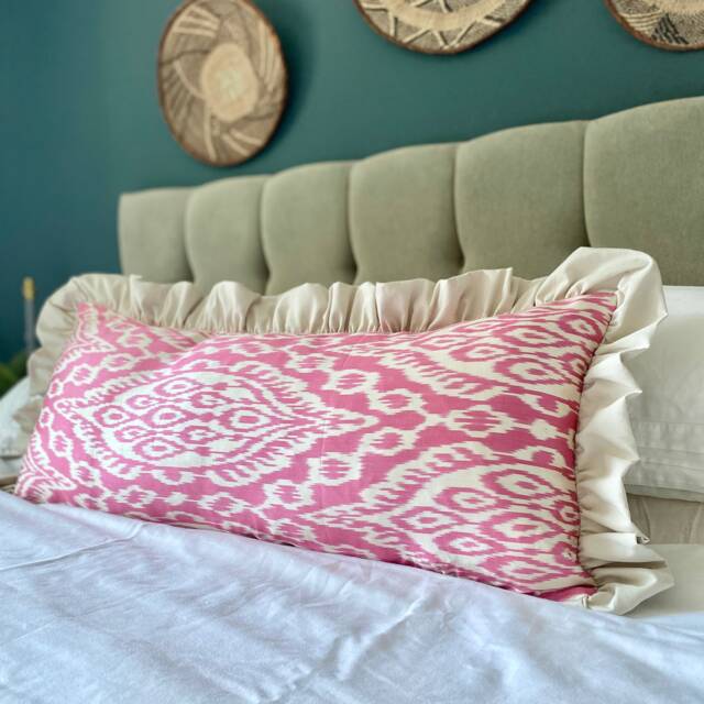 "Silk Ikat Pink Long Bed Pillow With Frills, Lumbar Cushion Cover, Ikat Bench Cushion, 40 X 90 cm, 16"" 35"