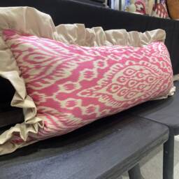 "Silk Ikat Pink Long Bed Pillow With Frills, Lumbar Cushion Cover, Ikat Bench Cushion, 40 X 90 cm, 16"" 35" - thumbnail 3