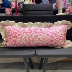 "Silk Ikat Pink Long Bed Pillow With Frills, Lumbar Cushion Cover, Ikat Bench Cushion, 40 X 90 cm, 16"" 35" - thumbnail 2