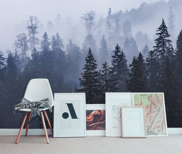 Misty Mountain Forest in Blue & Navy Nuances Wall Mural, Forests Mural, Fields Haze Wallpaper, Morning Fog Wallpaper - image 1