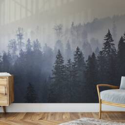 Misty Mountain Forest in Blue & Navy Nuances Wall Mural, Forests Mural, Fields Haze Wallpaper, Morning Fog Wallpaper - thumbnail 2