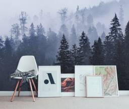 Misty Mountain Forest in Blue & Navy Nuances Wall Mural, Forests Mural, Fields Haze Wallpaper, Morning Fog Wallpaper - thumbnail 1
