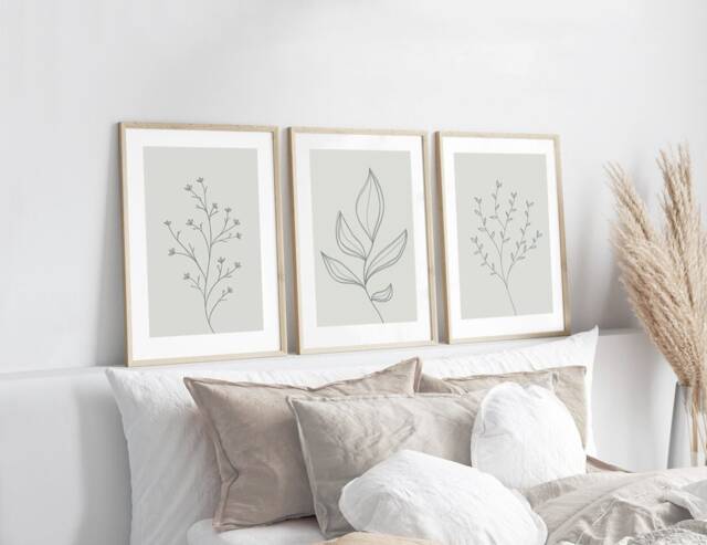 Sage Green Bedroom Prints, Neutral Wall Set Of 3 Botanical Beige Home Decor, Living Room Art