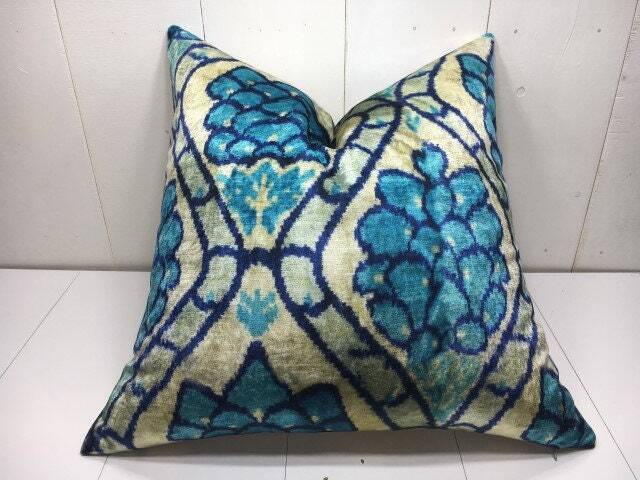 Ikat Silk Pillow Cover - 24x24, Handwoven Floral Cushion - image 1