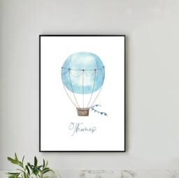 Personalised Blue Hot Air Balloon Name Print, Nursery Decor, New Baby Gift, Boy, Prints, Wall Art, Christening Gift - thumbnail 1