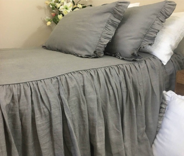 Industrial Rustic Medium Grey Bedspread, Grey Bed Cover, Linen Ruffle Bedding, Linen Shabby Chic Bed Cover - image 1