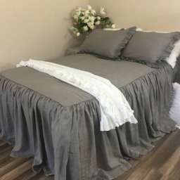 Industrial Rustic Medium Grey Bedspread, Grey Bed Cover, Linen Ruffle Bedding, Linen Shabby Chic Bed Cover - thumbnail 3