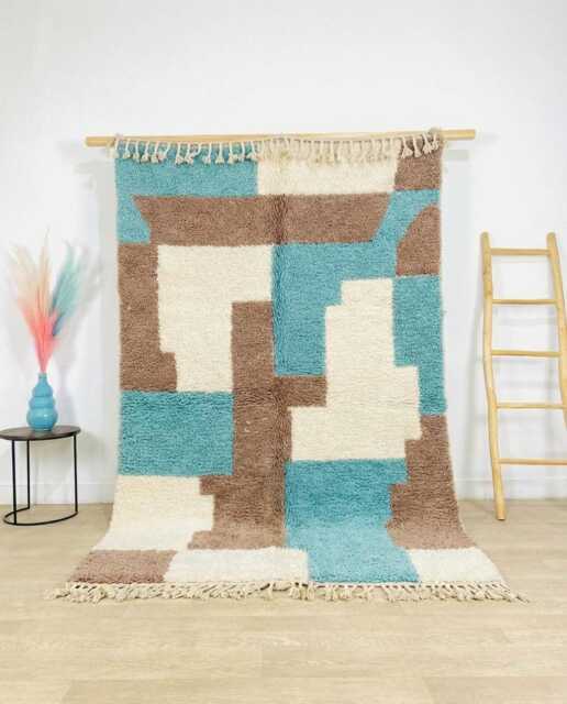 Moroccan Blue & Brown Berber Rug, Handwoven Wool Shag Rug With Abstract Geometric Blocks, Authentic Beni Ourain Carpet, Large Area - image 1