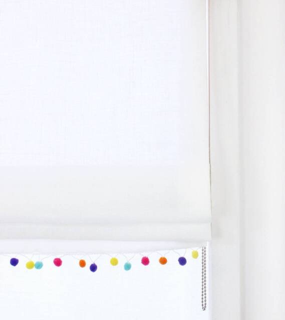 White Natural Linen Flat Roman Shade With Multi Color Pom Pom, Cl1010 - image 1