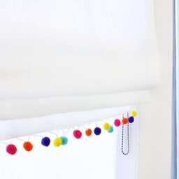 White Natural Linen Flat Roman Shade With Multi Color Pom Pom, Cl1010 - thumbnail 2