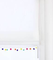 White Natural Linen Flat Roman Shade With Multi Color Pom Pom, Cl1010 - thumbnail 1