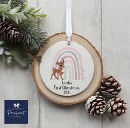 Personalised First Christmas Decoration - Baby Girl's Gift Rainbow Reindeer