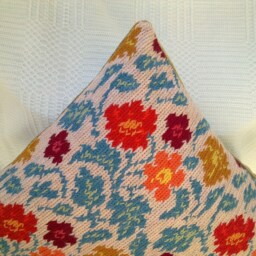 Hand Embroidered Pillow Cover Wool Floral Multicolored Flowers Hand Made Throw - thumbnail 3