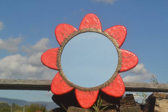 Poppy Flower Mirror, Red Wall Mirror, Decorative Large Round Mirrors, Eclectic Poppy Flower Decor, Shaped Mirror - image 1