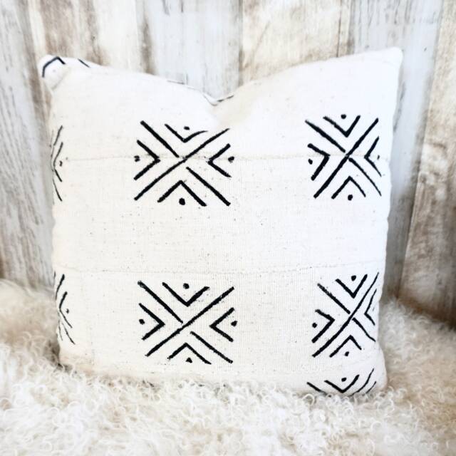 White Mud Cloth Pillow Cover, Hand-Dyed African Fabric - image 1
