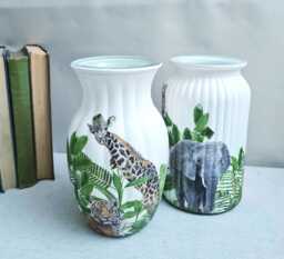 Safari Elephant Animal Ribbed Glass Vase, Jungle Wild Animals Home Decor, Hand Decorated - thumbnail 1