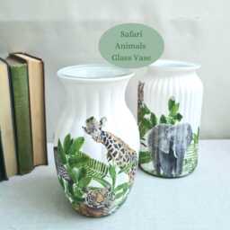 Safari Elephant Animal Ribbed Glass Vase, Jungle Wild Animals Home Decor, Hand Decorated - thumbnail 2