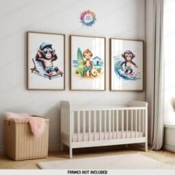 Kids Surfing Monkey Wall Art - Set Of 3 Posters - Children Surfer Kid Surf Nursery Decor Ocean Artwork Illustration Surfboard - thumbnail 1