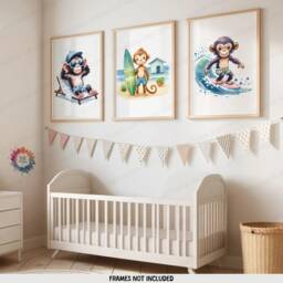 Kids Surfing Monkey Wall Art - Set Of 3 Posters - Children Surfer Kid Surf Nursery Decor Ocean Artwork Illustration Surfboard - thumbnail 2
