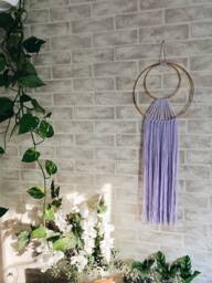 Lavender Yarn Wall Hanging, Metal Ring Boho Hanging