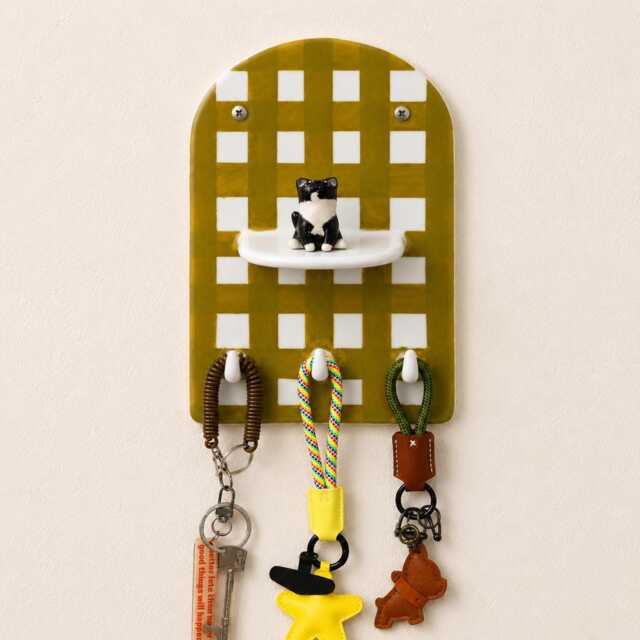Custom Mustard Checkerboard Pet Ceramic Key Holder Wall Hook Stripes 3D Tuxedo Cat Countryside Elegant Leash Hanger Entryway Organizer Gift - image 1